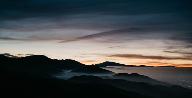 Mountains, sunset, fog, Dawn, horizon, skyline, aerial view wallpaper