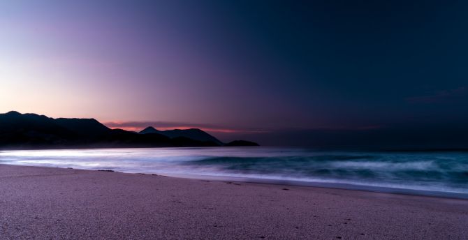 Calm, beach, purple, sunset wallpaper