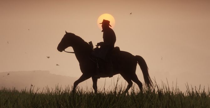 Red Dead Redemption 2, video game, horse ride, sunset wallpaper