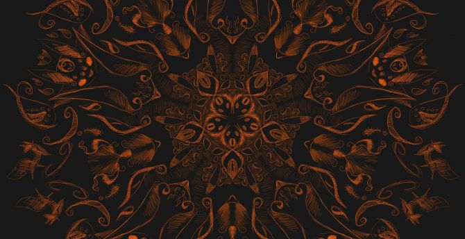 Orange pattern, fractal, mandala pattern, abstract wallpaper