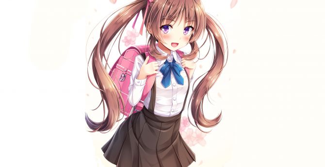 Cute, girl with school bag, anime wallpaper