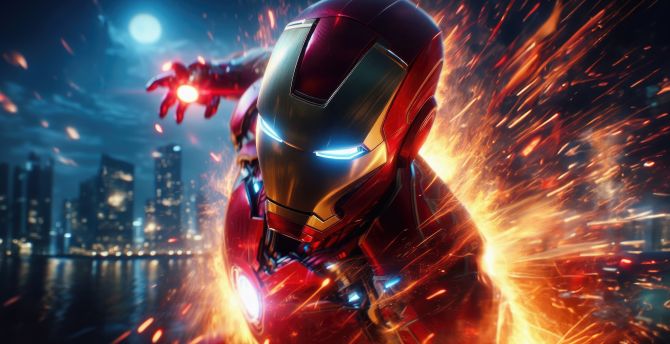 Iron man, metallic suit with fire power, 2024 wallpaper