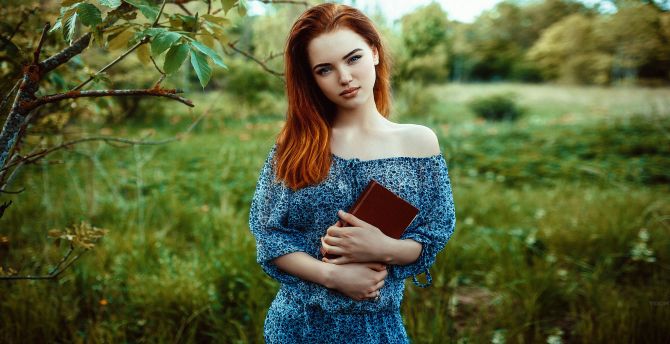 Outdoor, red head, beauty with book wallpaper