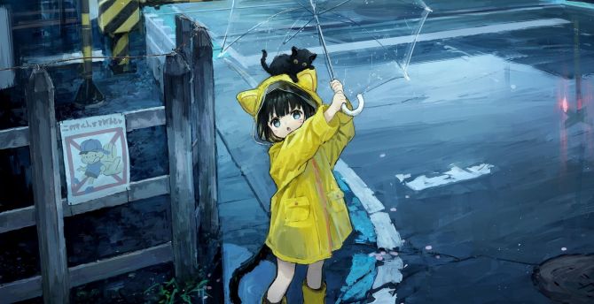 Cute anime girl, elf girl in rain, art wallpaper