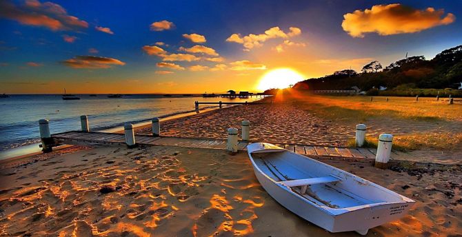 Coast, boats, sunset wallpaper
