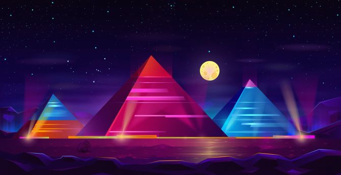 Pyramids, colorful, neon art, night wallpaper