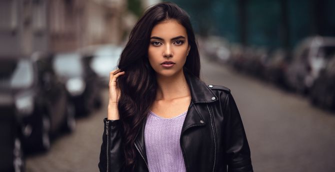 Cute, woman model, leather jacket wallpaper