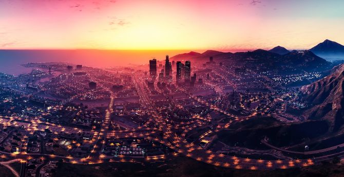 Los Santos, GTA V, cityscape, sunset, game wallpaper