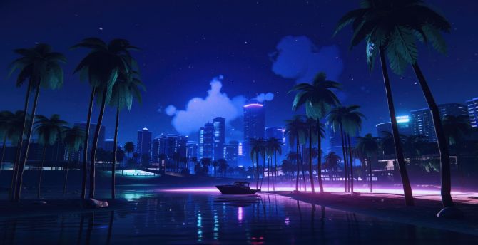 GTA VI, vice city game, coast, night wallpaper