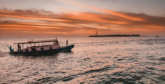 Boat, sunset, sea wallpaper