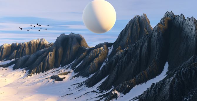 Rocky Mountains, 3D white moon, planet, illustration art wallpaper