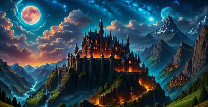 Castle on mountains, night, art wallpaper