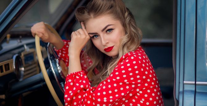 Red dress, woman model, pretty, blonde wallpaper