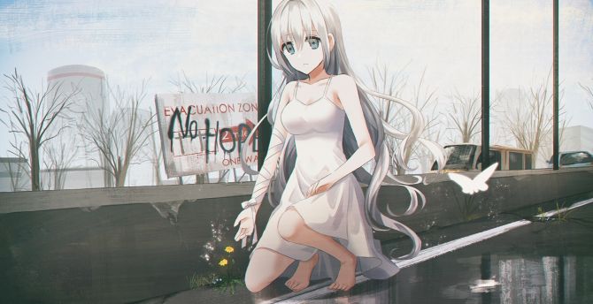 Anime girl, white dress, outdoor wallpaper