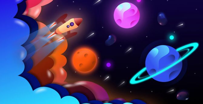 Space trip, colorful planet, digital art wallpaper