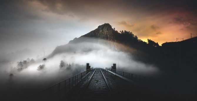 Mountain, railroad, mist, evening wallpaper