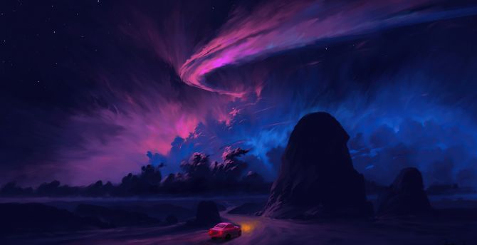 Road to the adventure, fantasy, night, cloudy sky, art wallpaper