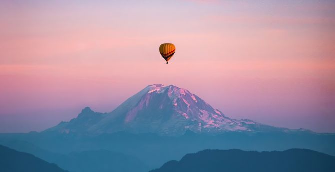Air balloon flight, mountain, sunset, clean sky wallpaper