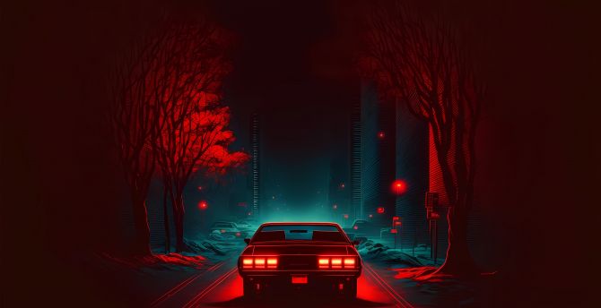 Red car on road, dark and minimal, digital art wallpaper