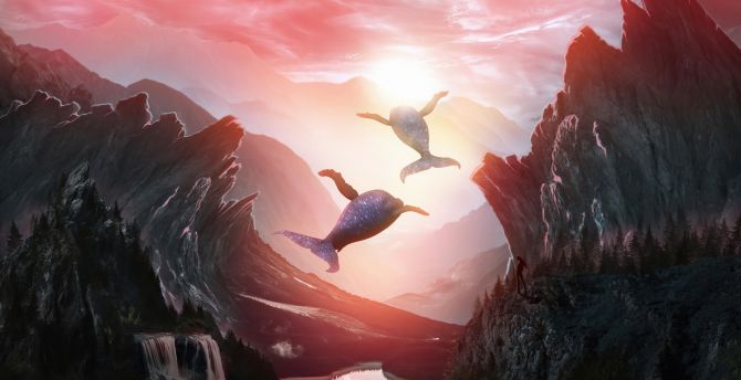 Flying whales, fantasy, valley, mountains wallpaper