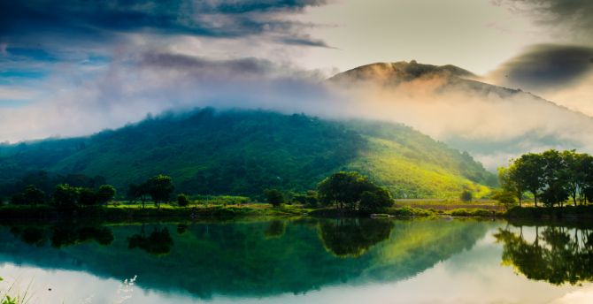 Natural, scenery, lake, reflections, mountains wallpaper