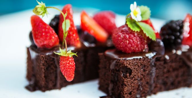 Brownie, cake, fruits, dessert, strawberry wallpaper