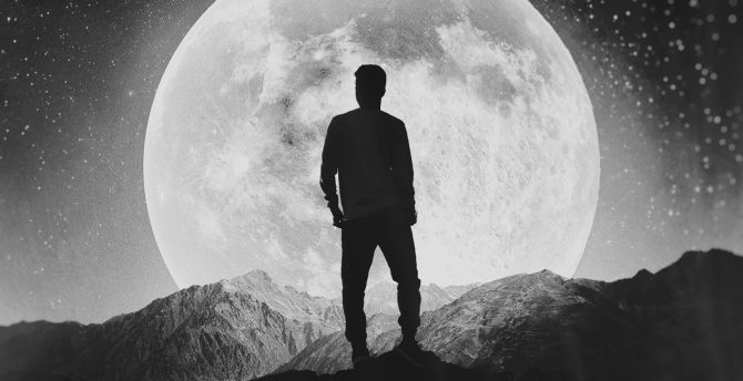 Moon, silhouette, alone, explorer, man, mountains wallpaper