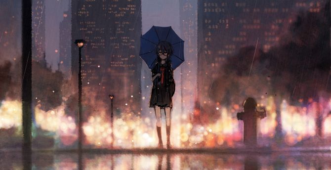 Wallpaper girl, anime, outdoor, rain, cityscape, original desktop ...