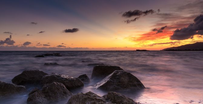 Sea, sunset, rocks, sky wallpaper