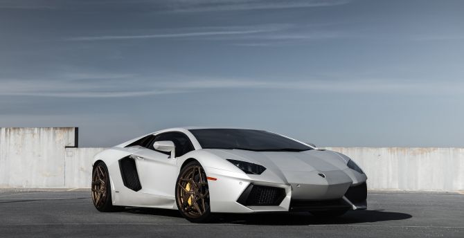 White sports car, Lamborghini Aventador, front wallpaper