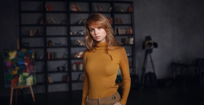 Anastasiya Scheglova, turtleneck, t-shirt, blonde, model wallpaper