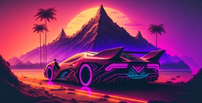 Wallpaper synthwave, sports car and mountains desktop wallpaper, hd image,  picture, background, 3fd79e | wallpapersmug