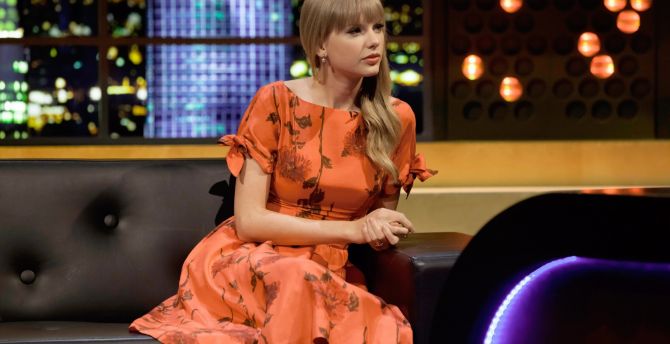 Taylor swift, sit, orange dress, popular singer wallpaper