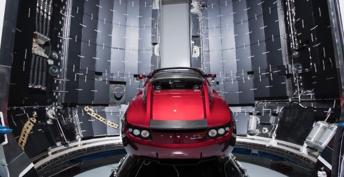 Tesla Roadster, red car, rocket wallpaper