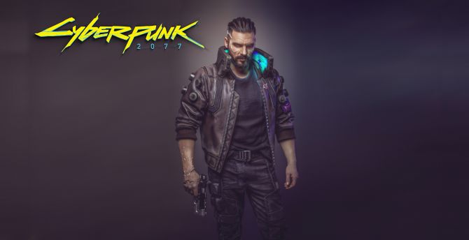 Cyberpunk 2077, man with gun, 2018, video game wallpaper