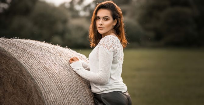 Girl posing at wheat roll, outdoor field, model wallpaper