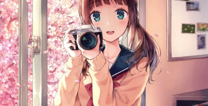 Anime girl, camera, photography wallpaper