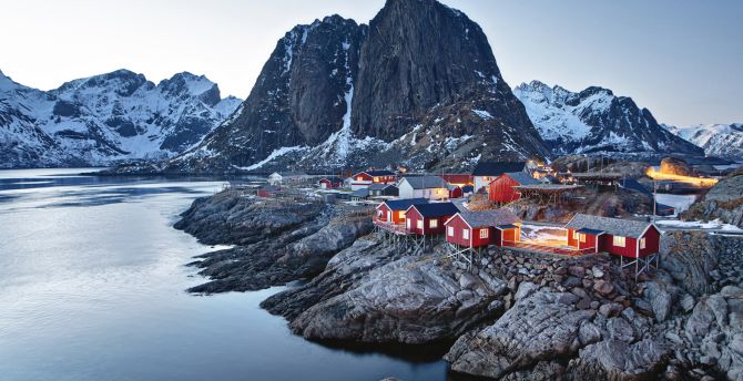 Town, coast, mountains, Norway wallpaper