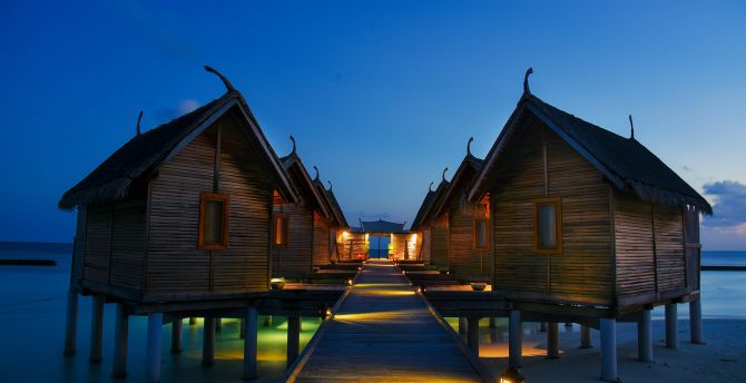 Night, resort, huts, pier, Island wallpaper