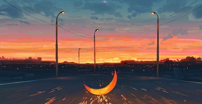 Moon on road, sunset, art wallpaper