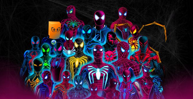 Spider-verse, all superhero, neon art wallpaper