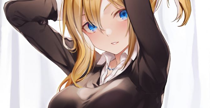 Anime girl, blue eyes, blonde, original wallpaper
