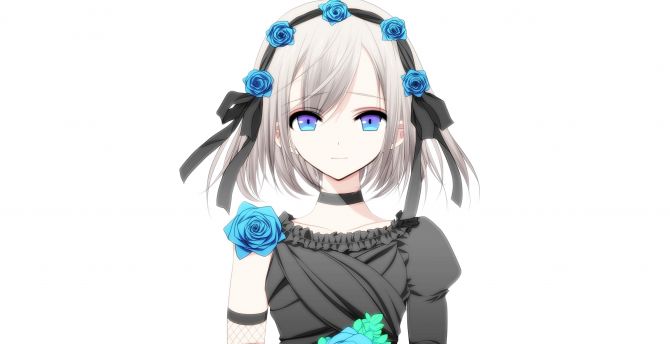 Anime girl, blue roses, flowers, blue wallpaper