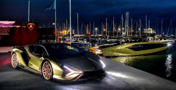 Lamborghini car & yacht, luxurious wallpaper