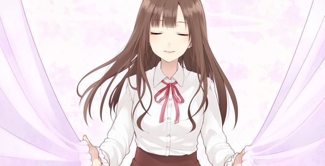 Relaxed, long hair, original, anime girl, curtains wallpaper