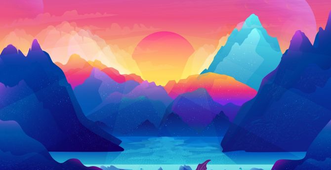 Sun, mountains, gradient, colorful, art wallpaper