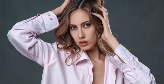 Gorgeous, woman model, pink shirt, blue eyes wallpaper