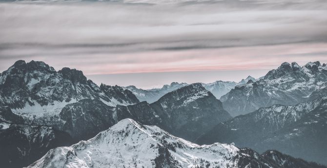 Mountains, peak, snow, winter, sunset, nature wallpaper
