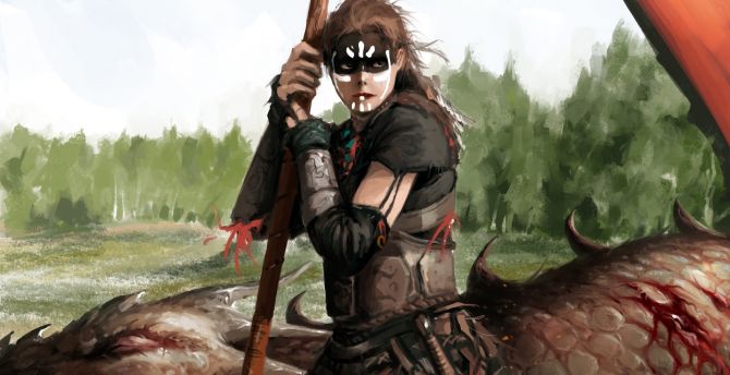 Viking girl, fantasy, monster hunting, art wallpaper