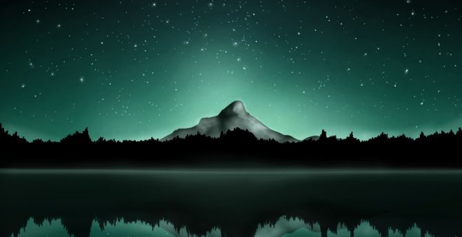 Mountain, summit, starry sky, lake, reflections, art wallpaper
